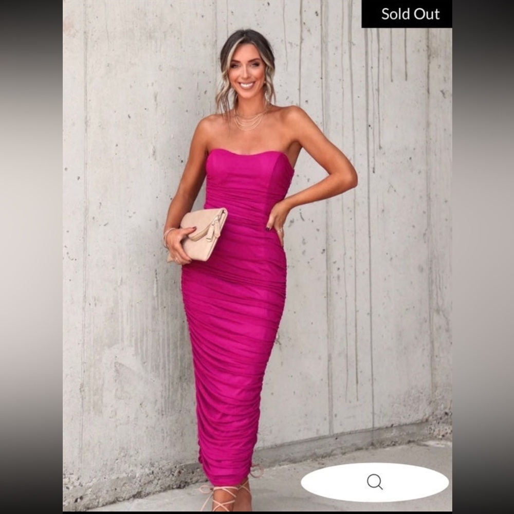 Magenta Ruched Strapless Maxi Dress